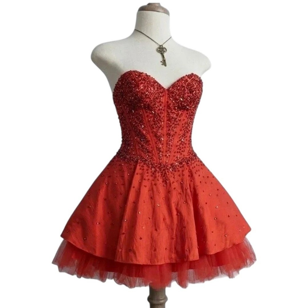 Red Sequin Beaded Corset Tulle Mini Dress Size xs Homecoming Formal Party